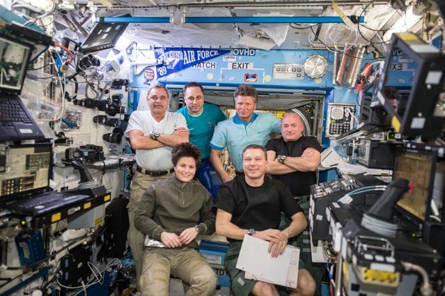 NASA image:   Expedition 43 crew after emergency procedures training 