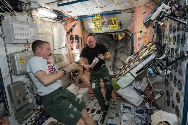 NASA image: Expedition 43 crew in Node 1 for meal time