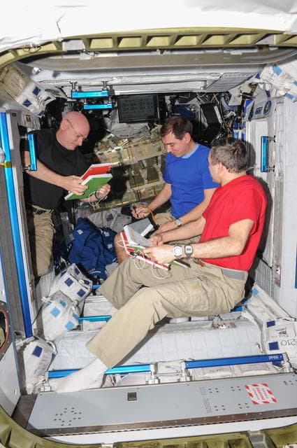 NASA image: Kelly, Volkov and Kornienko during Emergency Soyuz Descent OBT