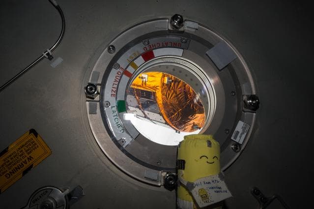 NASA image: HTV-5 outside Window, Toy HTV-5 Inside