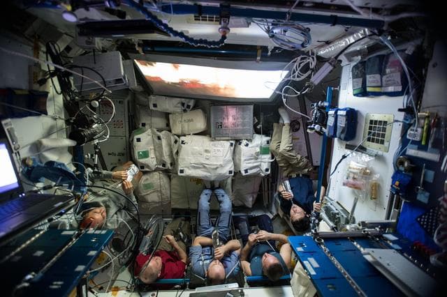 NASA image: Expedition 54 crew members watch a movie