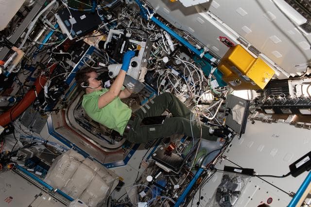 NASA image: Astronaut Anne McClain of NASA peers into a microscope