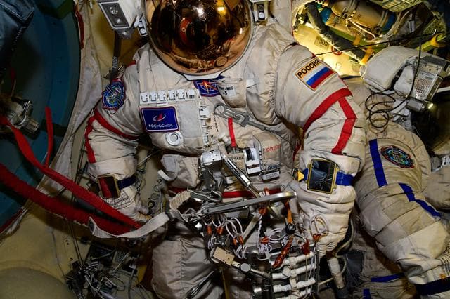 NASA image: Installation of US add-on hardware on Orlan-MKS No.5.