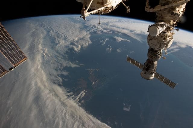 NASA image: The Falkland Islands, the Russian Segment of the Space Station, and a Pair of Solar Arrays