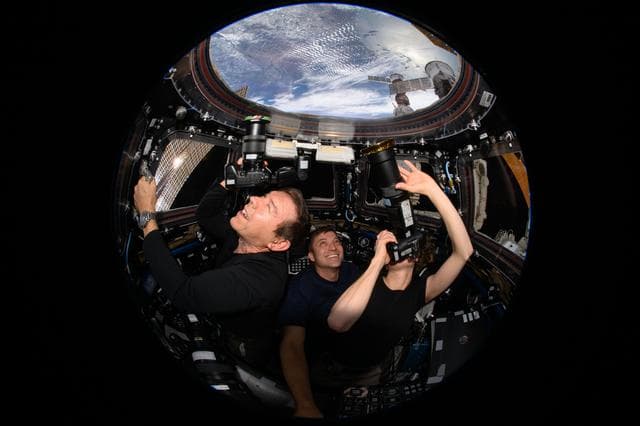 NASA image: Barratt, Dominick and O'Hara in the Cupola