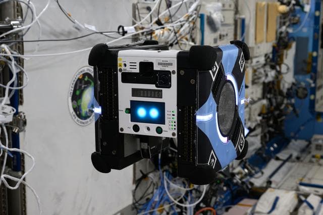 NASA image: A free-flying Astrobee robot pictured aboard the International Space Station