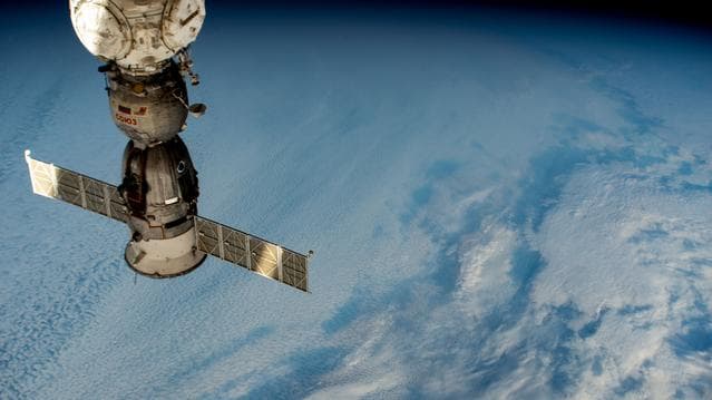 NASA image: The Soyuz MS-25 crew ship docked to the Prichal docking module