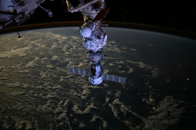NASA image: The Soyuz MS-25 crew ship docked to the Prichal docking module