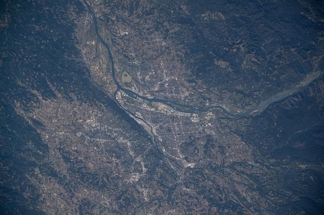 NASA image: Portland, Oregon, at the junction of the Willamette and Columbia Rivers