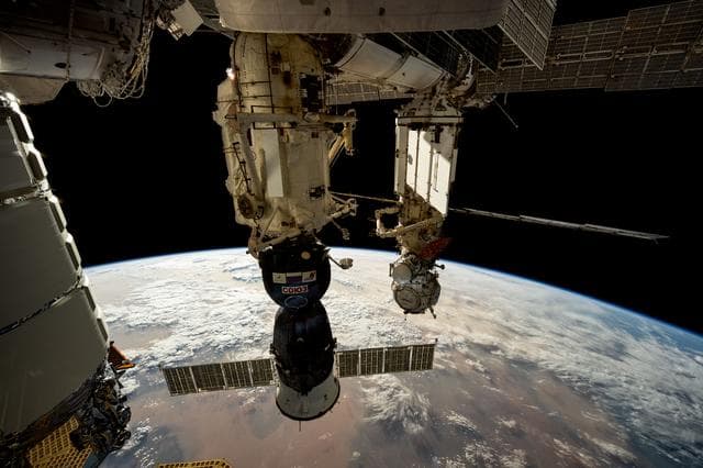 NASA image: The Soyuz MS-26 crew ship docked to the Rassvet module