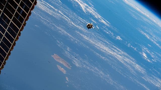 NASA image: The Progress 90 cargo craft approaches the International Space Station