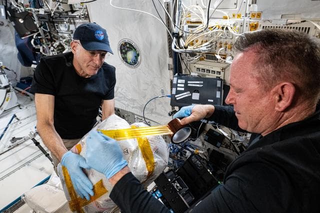 NASA image: Astronauts Don Pettit and Butch Wilmore pack external research hardware