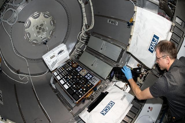 NASA image: Astronaut Nick Hague installs the European Materials Ageing experiment