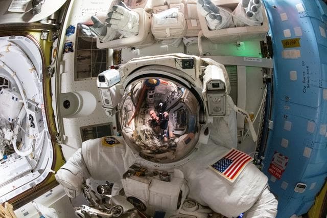 NASA image: Astronaut Don Pettit's reflection is pictured on the helmet visor of a spacesuit