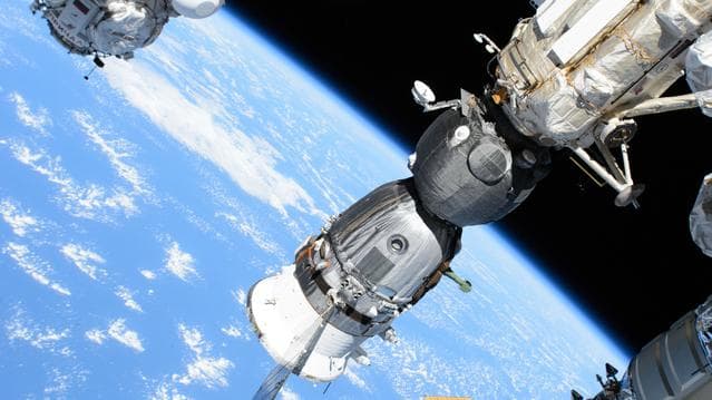 NASA image: The Soyuz MS-26 crew ship docked to the orbital outpost's Rassvet module