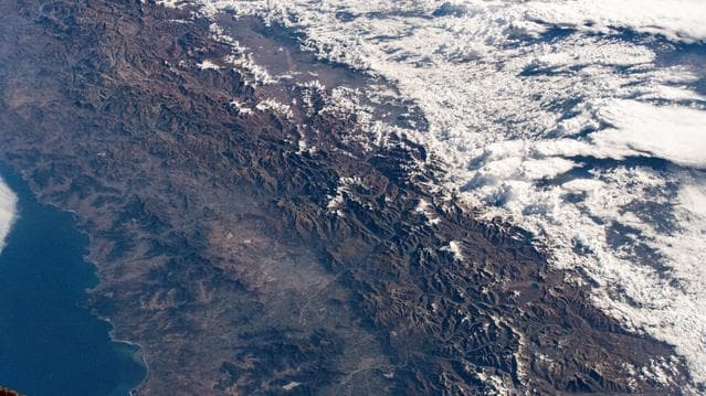 NASA image: The Andes mountain range separates the South American nations of Chile and Argentina