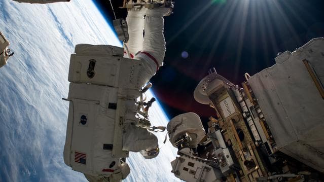 NASA image: Astronaut Suni Williams attached to the Canadarm2 robotic arm