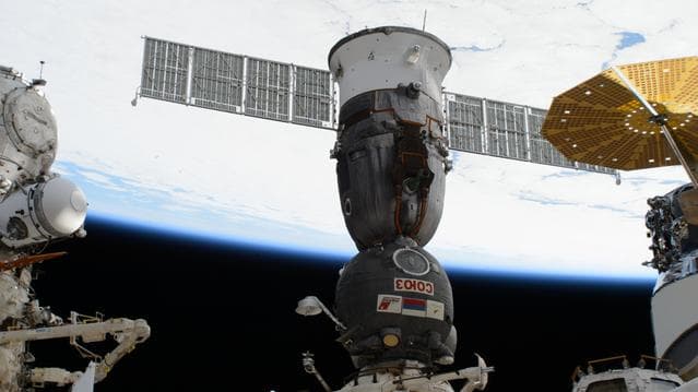 NASA image: The Soyuz MS-26 crew ship docked to the Rassvet module