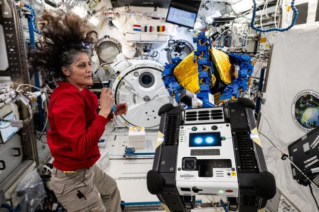 NASA image: Astronaut Suni Williams monitors an Astrobee robotic free-flyer