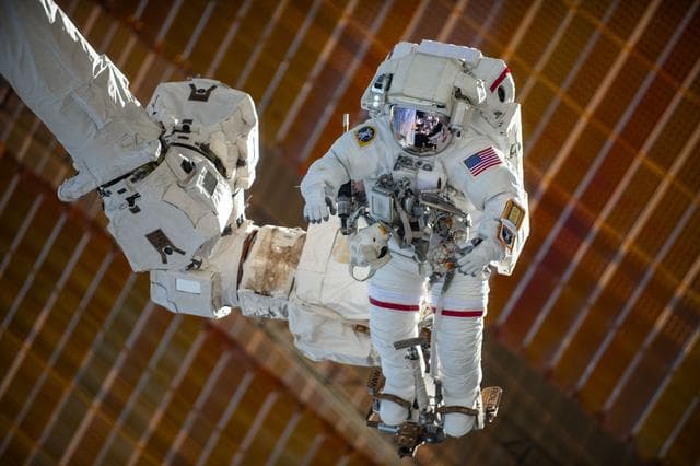 NASA image: Astronaut Suni Williams is attached to the Canadarm2 robotic arm