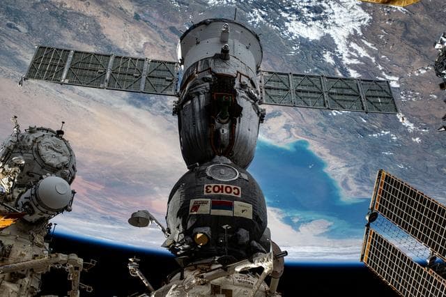 NASA image: The Soyuz MS-26 spacecraft docked to the Rassvet module