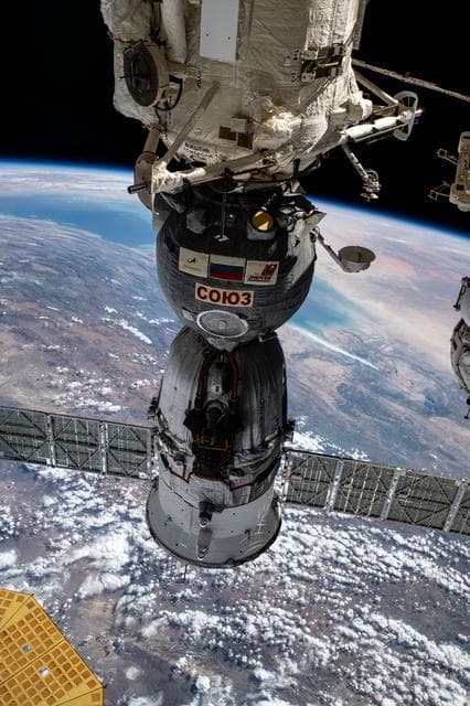 NASA image: The Soyuz MS-26 spacecraft docked to the Rassvet module