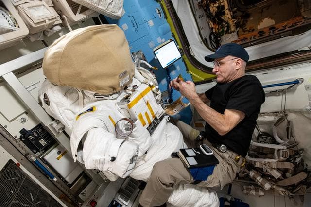 NASA image: Astronaut Don Pettit inspects a spacesuit