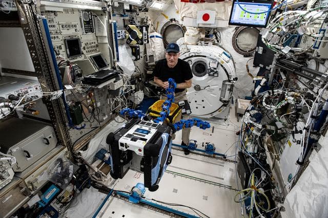 NASA image: Astronaut Don Pettit watches an Astrobee robotic free-flyer grapple a "capture cube"