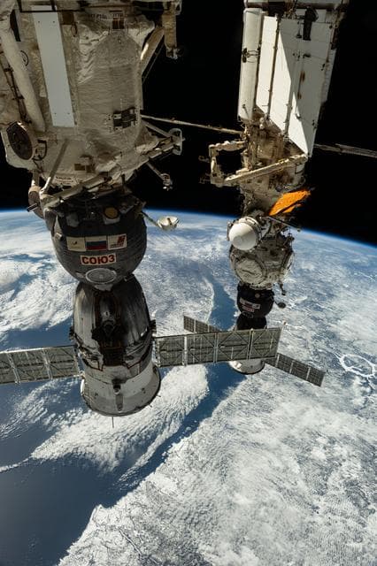 NASA image: The Soyuz MS-26 and MS-27 crew ships docked to the International Space Station