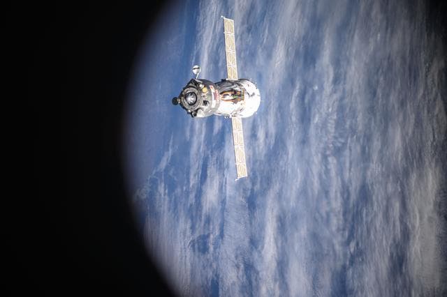 NASA image: The Soyuz MS-26 spacecraft backs away from the International Space Station