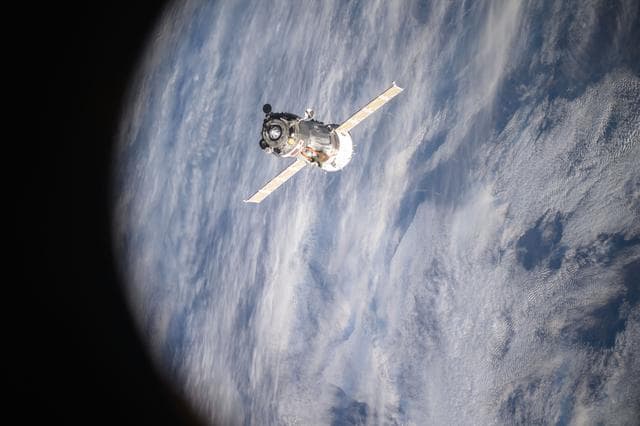 NASA image: The Soyuz MS-26 spacecraft backs away from the International Space Station