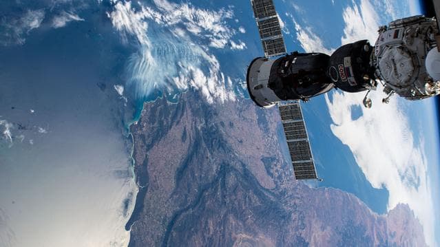 NASA image: The Soyuz MS-27 spacecraft is pictured docked to the Prichal module