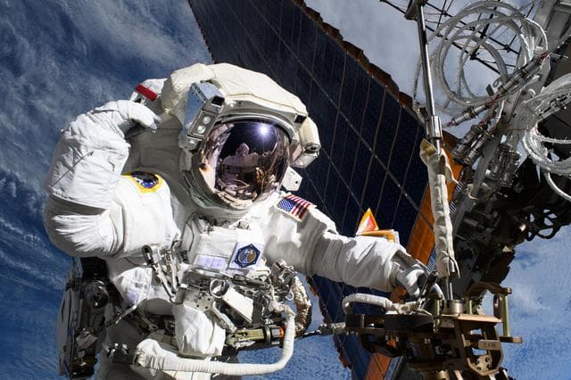 NASA image: Astronaut Anne McClain is pictured near one of the International Space Station's main solar arrays