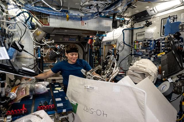 NASA image: Astronaut Anne McClain gathers cargo to be packed inside the SpaceX Dragon cargo spacecraft