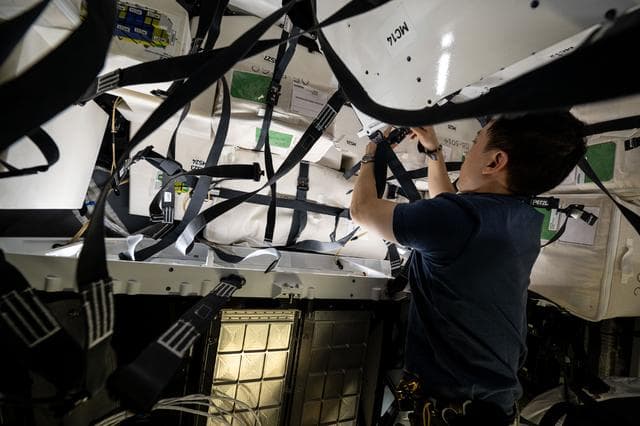NASA image: NASA astronaut Jonny Kim works inside the SpaceX Dragon cargo spacecraft
