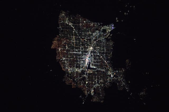 NASA image: Las Vegas, Nevada, and its well-lit strip situated next to Harry Reid International Airport