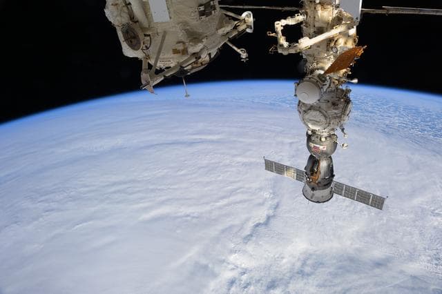 NASA image: The Soyuz MS-27 crew ship is pictured docked to the Prichal module