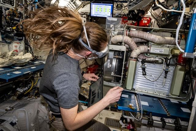 NASA image: NASA astronaut Nichole Ayers works on an experimental carbon dioxide removal device