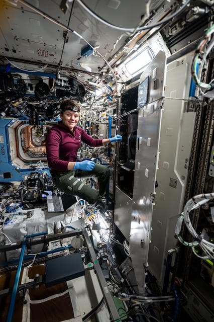 NASA image: NASA astronaut Anne McClain swaps filters inside the Kermit microscope