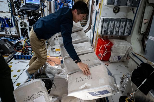 NASA image: JAXA astronaut Takuya Onishi organizes cargo bags