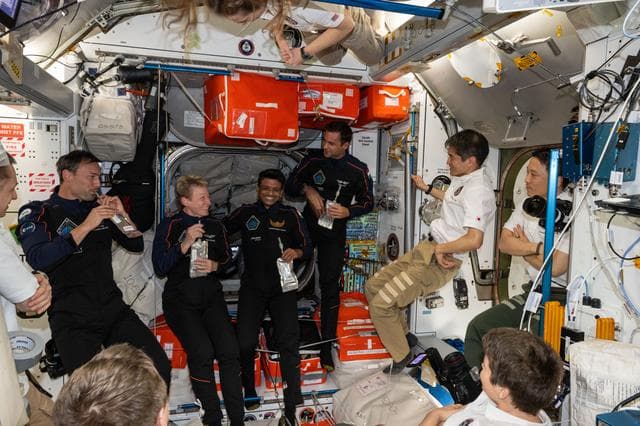 NASA image: The Axiom Mission 4 private astronauts gather inside the International Space Station