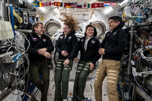 NASA image: NASA's SpaceX Crew-10 members share a light moment during a group portrait