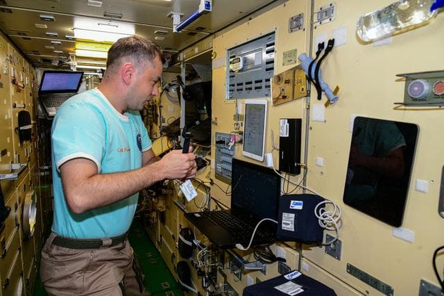 NASA image: Roscosmos cosmonaut Oleg Platonov conducts research operations inside the Nauka science module