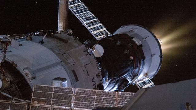 NASA image:  The Progress 91 resupply ship fires its thrusters to reboost the International Space Station