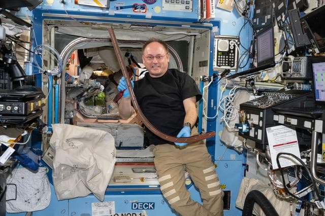 NASA image: NASA astronaut Mike Fincke shows off a portion of a hatch seal during maintenance work