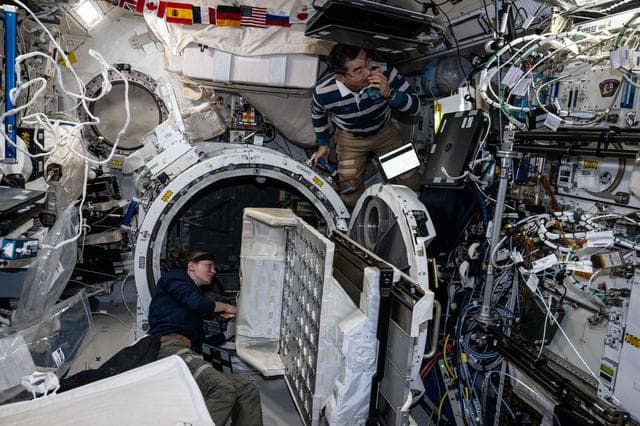 NASA image: Astronauts Zena Cardman and Kimiya Yui remove a small satellite orbital deployer