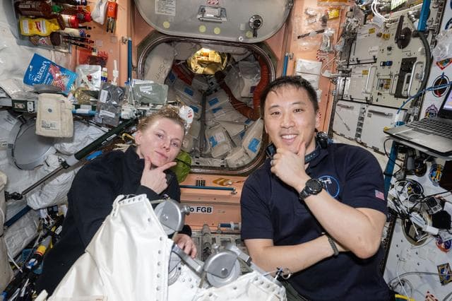NASA image: NASA astronauts Zena Cardman and Jonny Kim pose for a fun portrait inside the Unity module