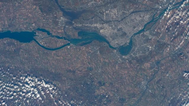 NASA image: Montreal, Quebec sits between the Prairies River and the St. Lawrence River