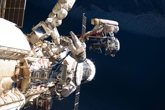 NASA image: Roscosmos cosmonauts Alexey Zubritsky and Sergey Ryzhikov during a spacewalk