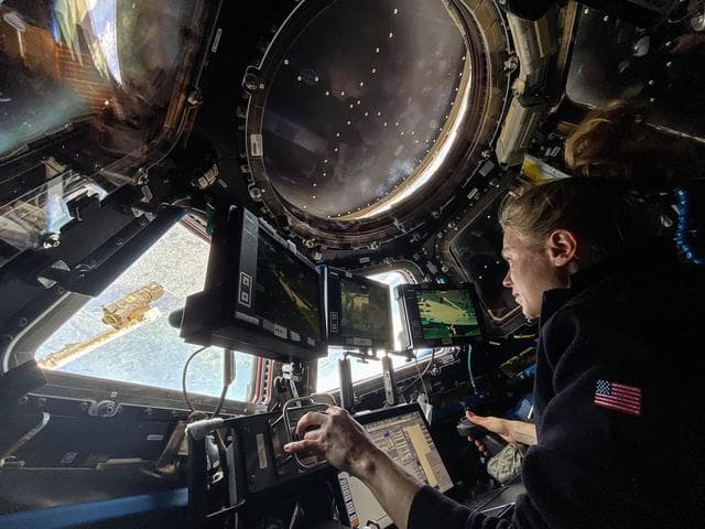 NASA image: NASA astronaut Zena Cardman practices Canadarm2 robotic maneuvers at the robotics workstation